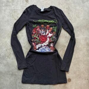 Women's black stretchy ed hardy dress y2k with rhinestones all over y2k dress